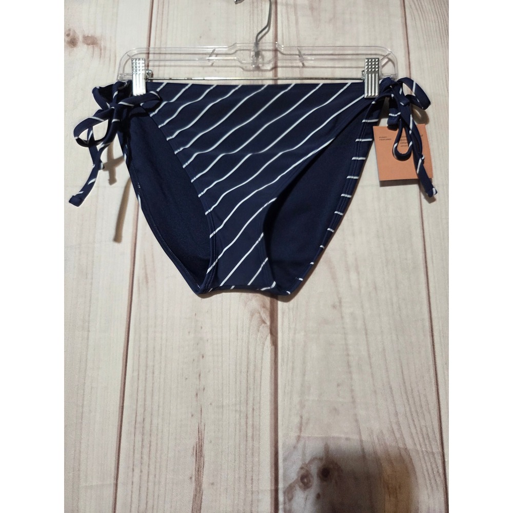 Shade & Shore Navy White Striped Side Tie Bikini Bottom XL Low Rise High Leg NEW